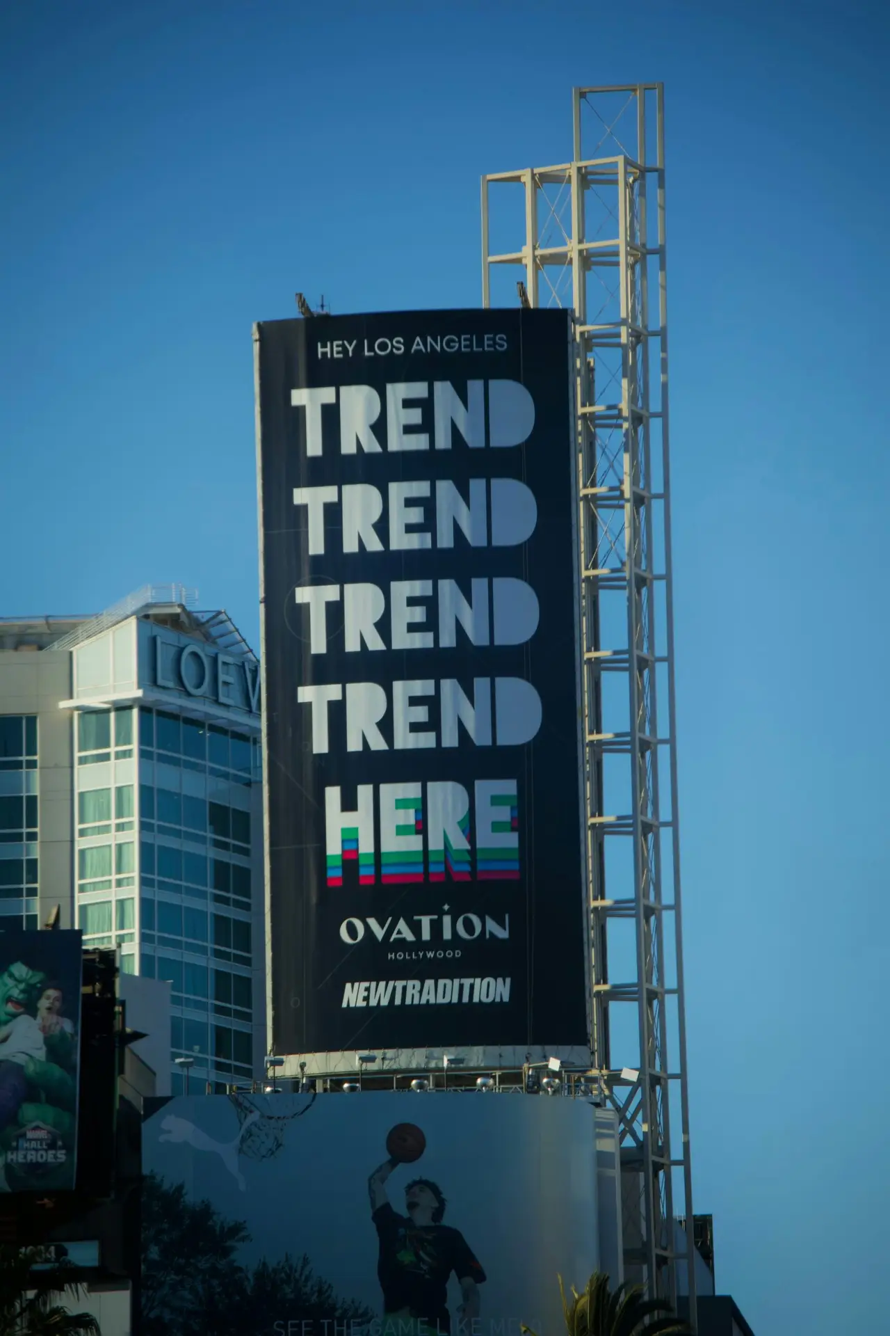 Billboard advertising "trend" is featured in los angeles.